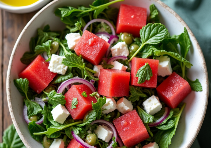 Watermelon salad with feta and arugula
