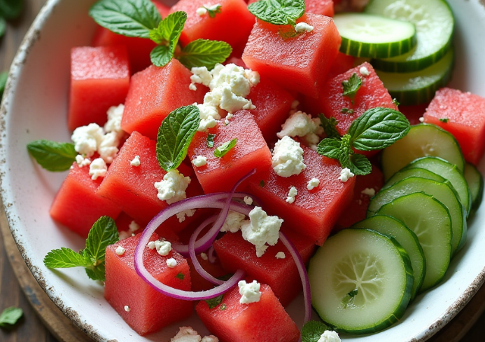 Watermelon salad with cucumber and feta