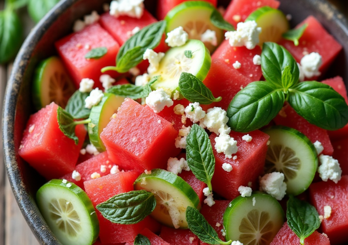 Watermelon salad with cucumber and feta