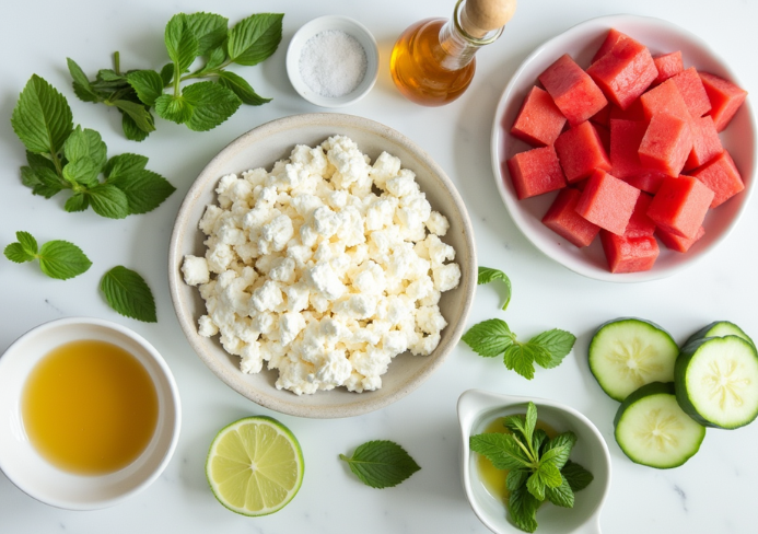 Watermelon salad with cucumber and feta