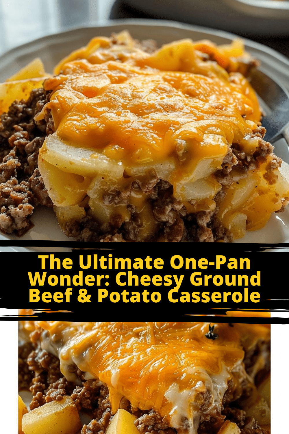 Served portion of Cheesy Ground Beef & Potato Casserole on plate