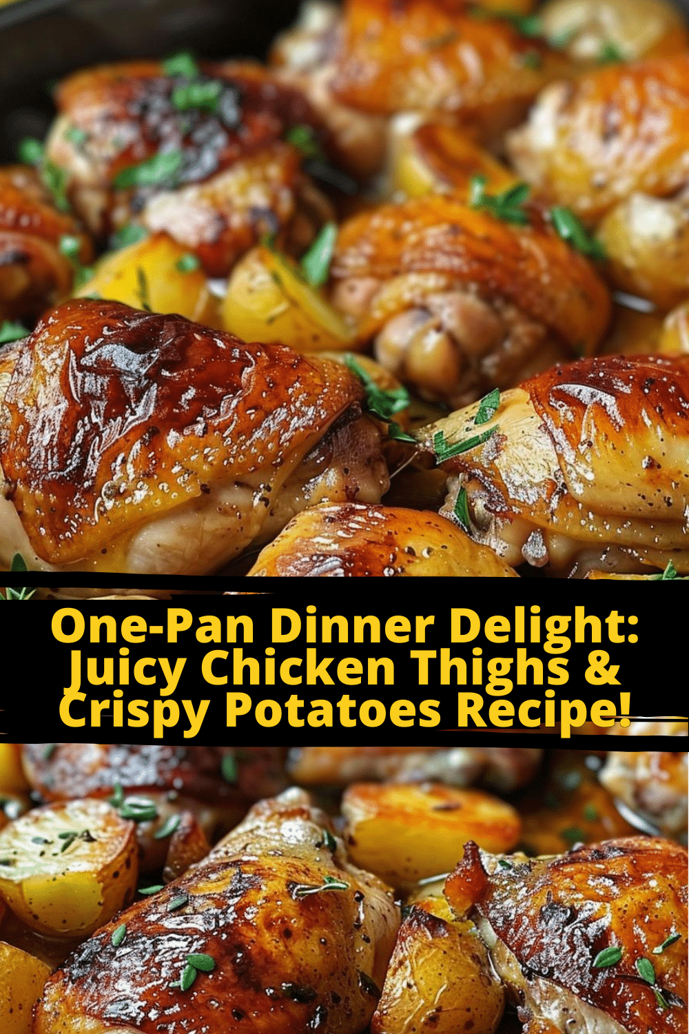 Garlic Roasted Chicken and Potatoes Roasted chicken thighs and potatoes garnished with garlic