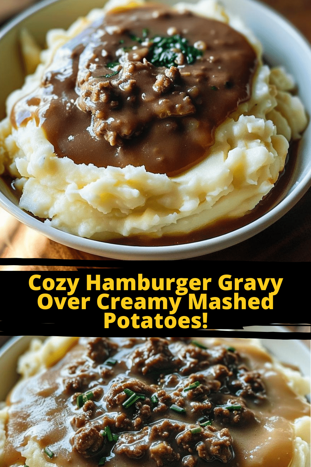 Savory Gravy and Creamy Potatoes Savory hamburger gravy atop creamy mashed potatoes garnished with fresh herbs