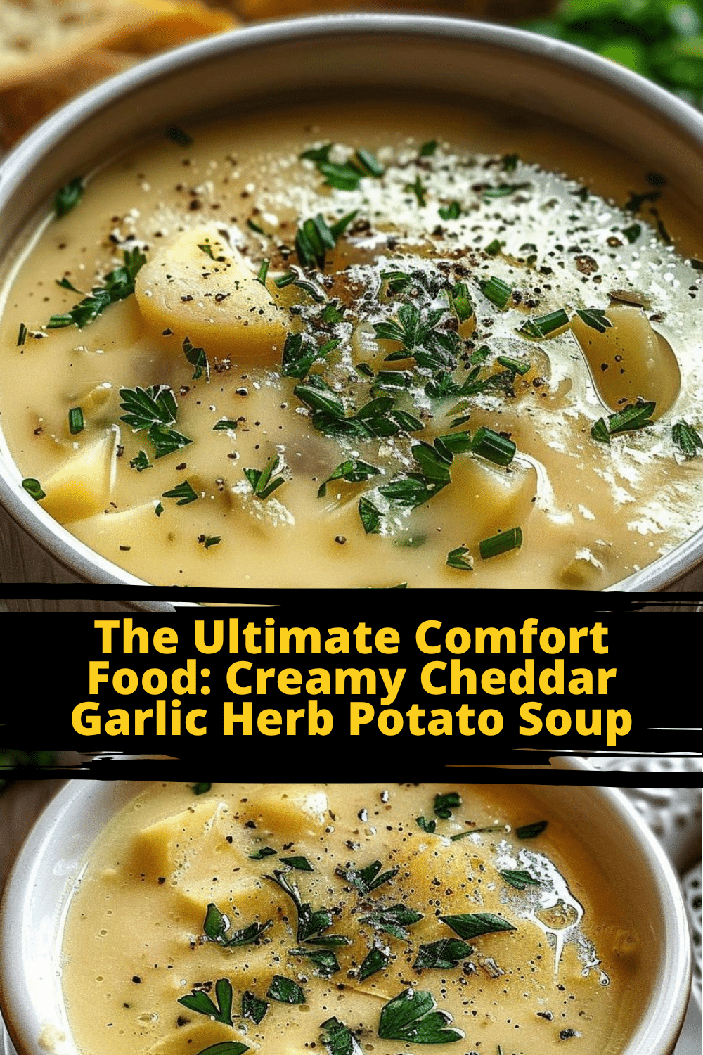 Spoonful of Cheddar Garlic Herb Potato Soup showcasing its creamy texture