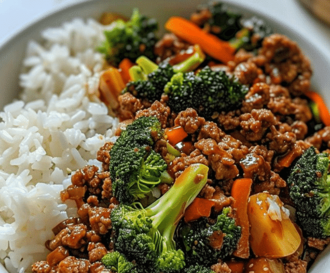 Spicy Ground Beef Stir-Fry Bowl with Garlic Veggies & Steamy Rice