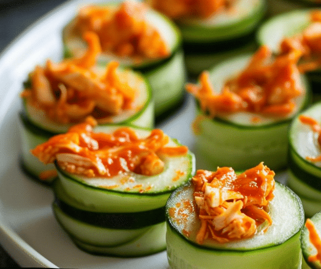 Healthy Buffalo Chicken Cucumber Rolls