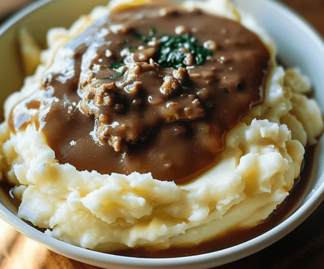 Comforting Hamburger Gravy Delight Hamburger Gravy Over Creamy Mashed Potatoes