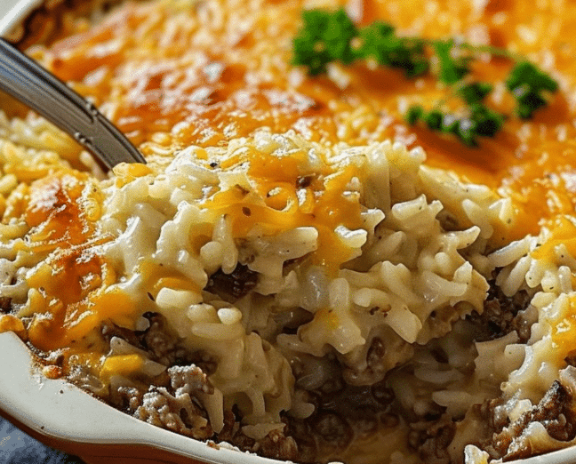 Cheesy ground beef rice casserole