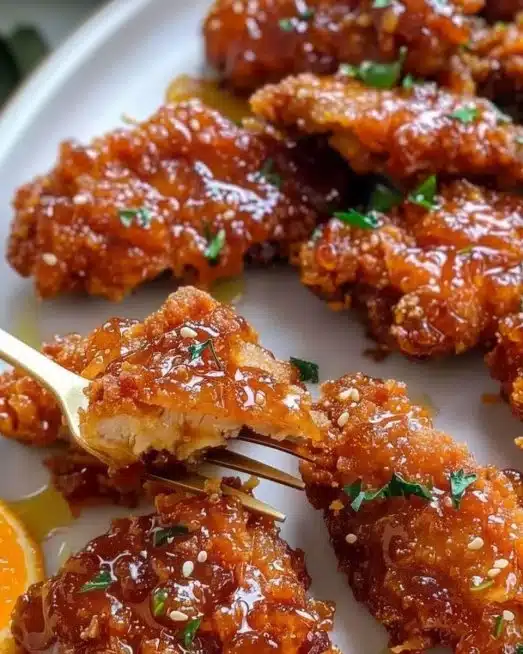 Baked crunchy hot honey chicken served on a plate with garnish