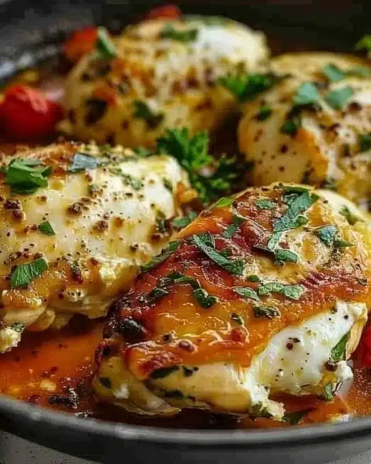 Delicious Baked Ricotta Chicken served on a plate with herbs and sauce