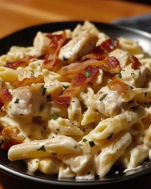 Delicious Chicken Bacon Ranch Pasta served with fresh ingredients and creamy sauce.
