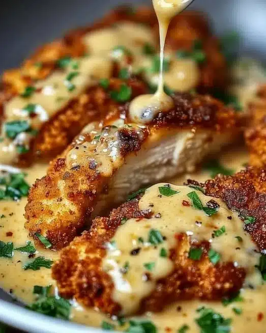 Crispy Parmesan Chicken served with creamy garlic sauce on a plate