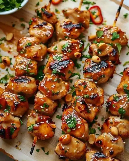 Delicious easy grilled Asian chicken skewers on a platter garnished with vegetables.