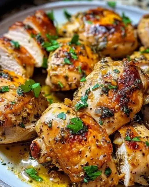 Delicious Garlic Butter Chicken served on a plate with herbs and spices