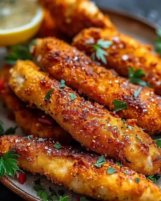 Plate of golden homemade baked chicken tenders with dipping sauce