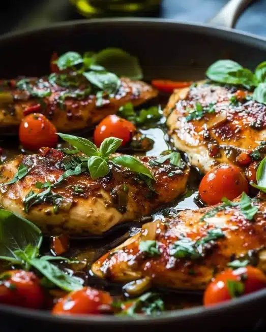 Delicious One Pan Balsamic Chicken on a serving platter with fresh herbs