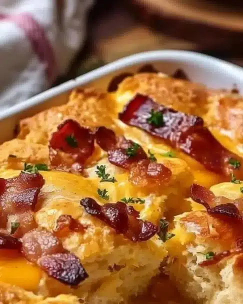 Bacon Egg Cheese Biscuit Bake on a plate, showcasing layers of savory goodness.