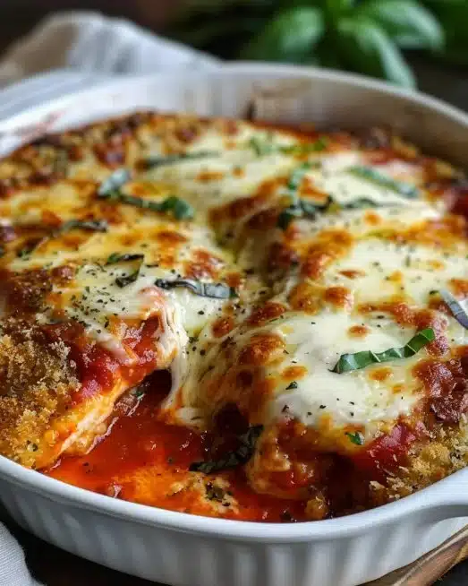 Deliciously baked chicken parmesan topped with marinara sauce and melted cheese.