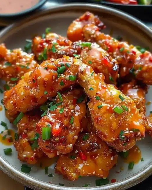 A plate of Bang Bang Chicken garnished with green onions and spicy sauce.