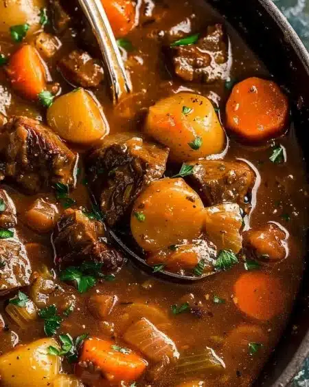 Bowl of hearty beef stew with vegetables and herbs