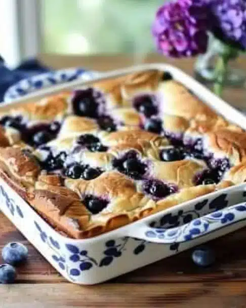 Delicious blueberry buttermilk pancake casserole baked and ready to serve