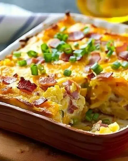 Breakfast casserole with hash browns, cheese, and eggs baked to perfection.