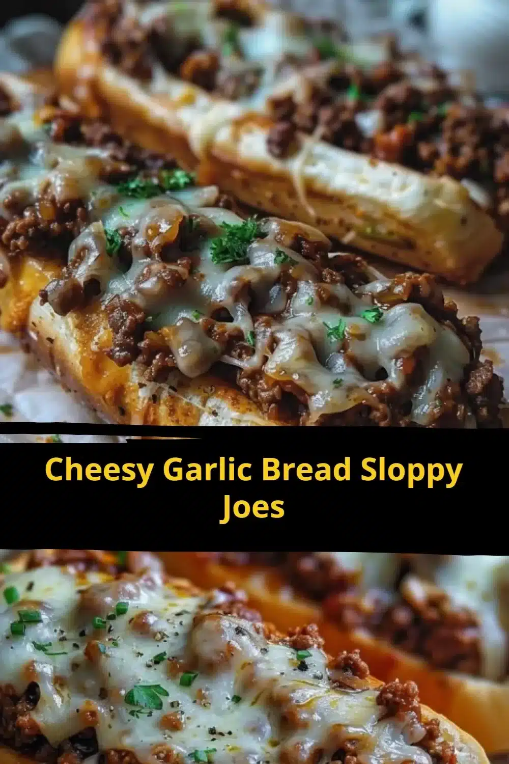 Cheesy Garlic Bread Sloppy Joes served on a plate with toppings