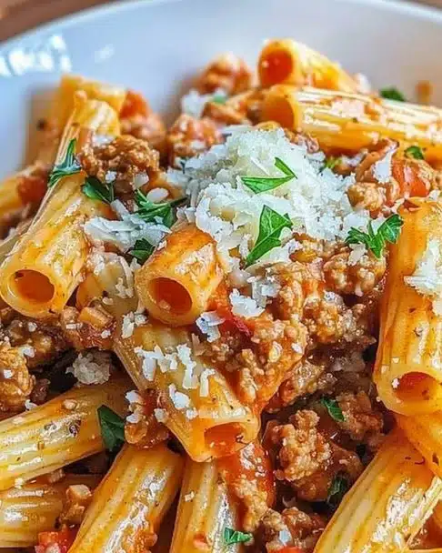 Cheesy ground turkey pasta dish with melted cheese and pasta in a bowl