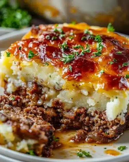 Delicious cheesy meatloaf served alongside fluffy mashed potatoes