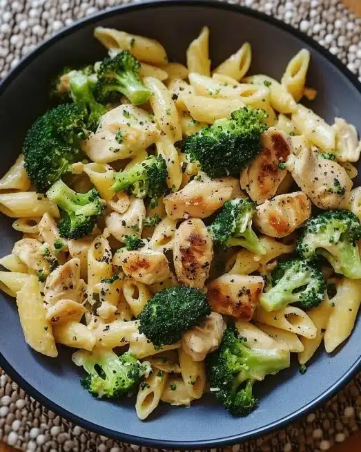 A hearty plate of Chicken Broccoli Pasta topped with grated parmesan.