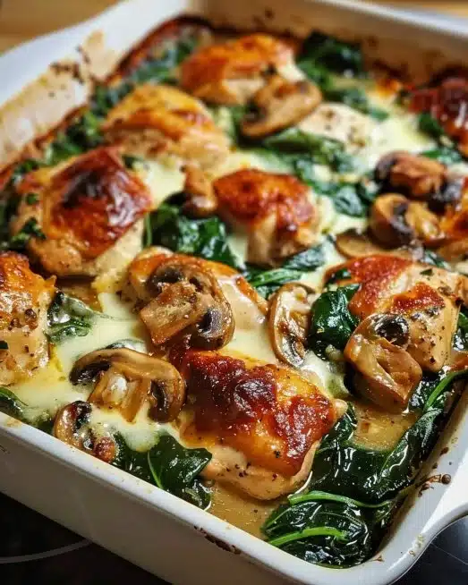 Chicken, spinach, and mushroom oven dish baked to perfection