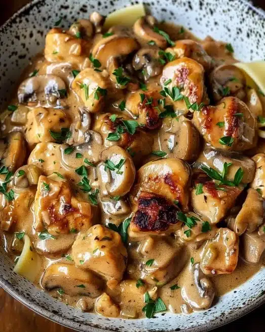 Delicious Chicken Stroganoff served over egg noodles with creamy sauce and mushrooms