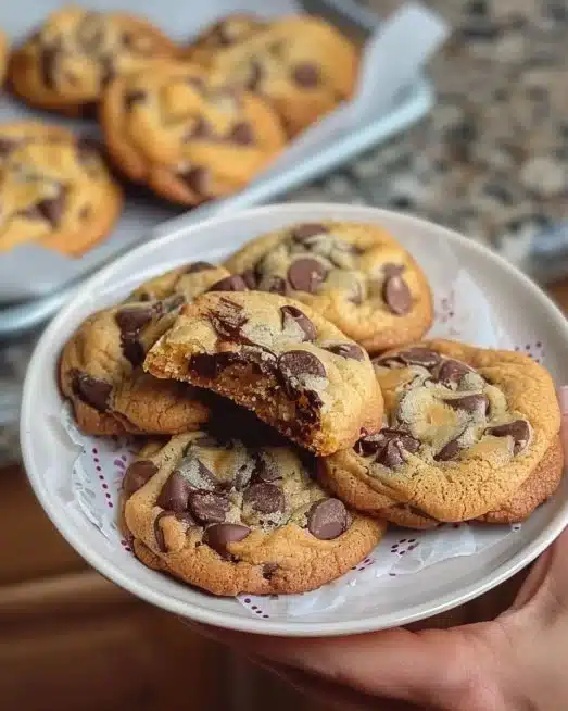 Freshly baked chocolate chip cookies on a cooling rack