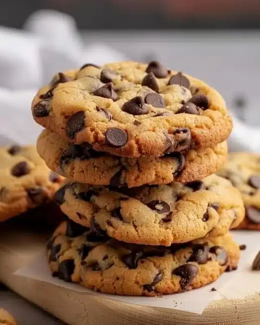 Freshly baked chocolate chip cookies on a cooling rack, golden brown and gooey.