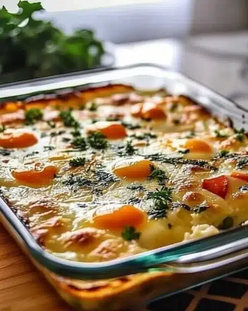 A wholesome cottage cheese egg bake served in a dish with fresh herbs on top.