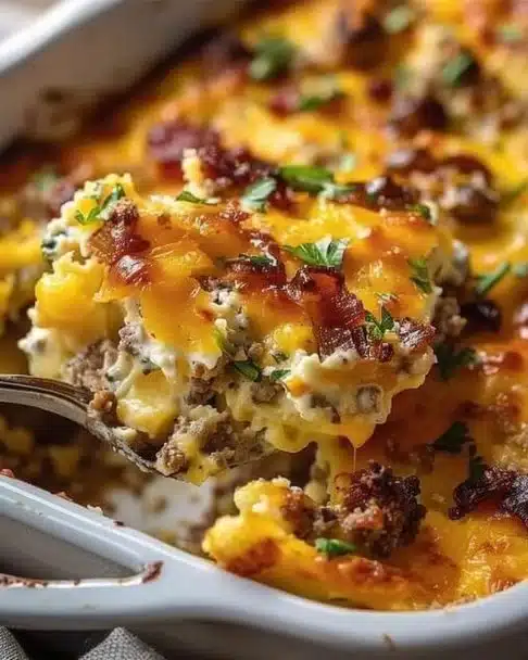 Delicious Crack Breakfast Casserole topped with cheese and herbs.