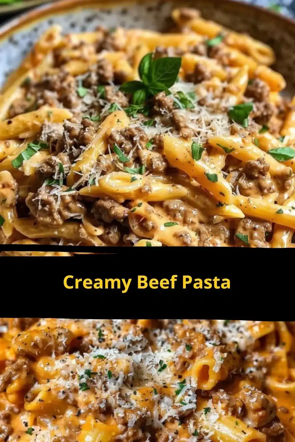 Creamy beef pasta dish served with fresh herbs and cheese