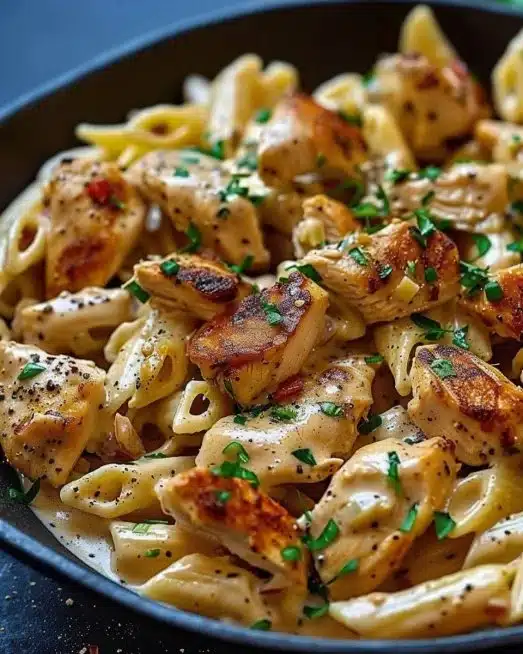 Bowl of creamy Cajun Chicken Pasta with spices and chicken pieces