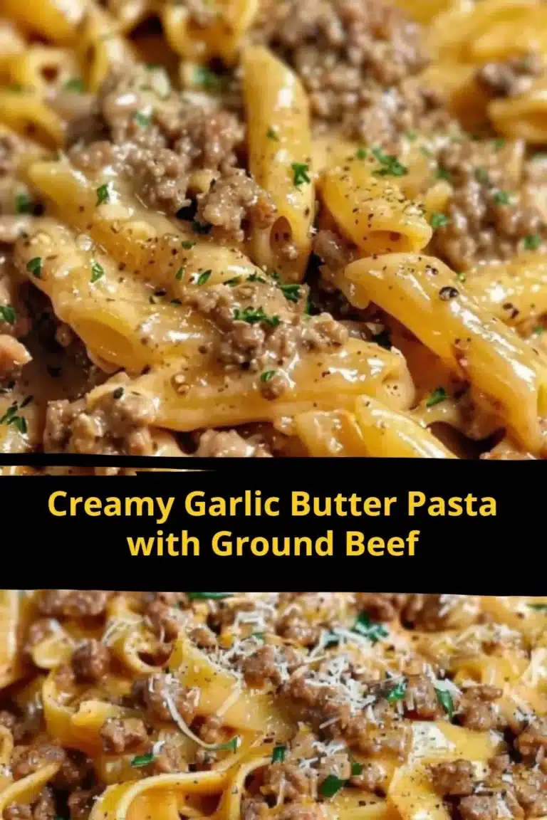 Creamy garlic butter pasta with ground beef served in a bowl