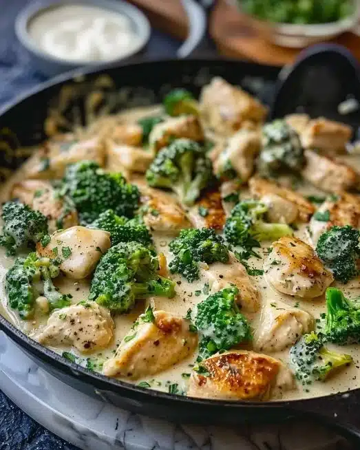 Creamy Garlic Chicken and Broccoli Skillet in a pan, showcasing a hearty meal.