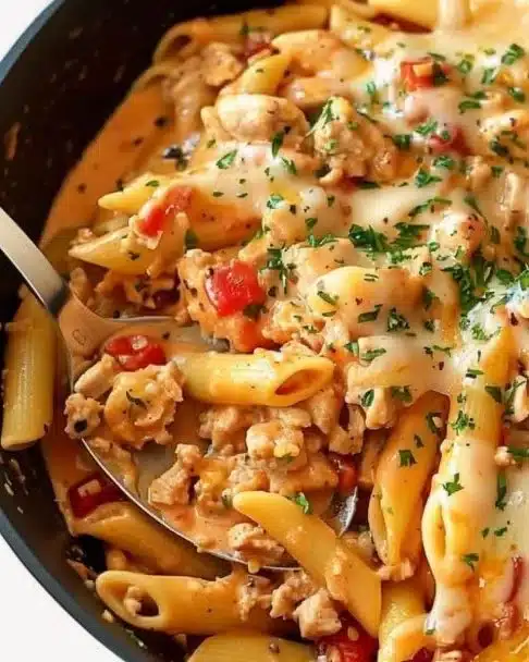 Creamy ground turkey pasta dish garnished with herbs and cheese.