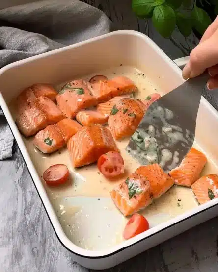 Creamy Herb Salmon with Spinach and Tomatoes served in a stylish dish