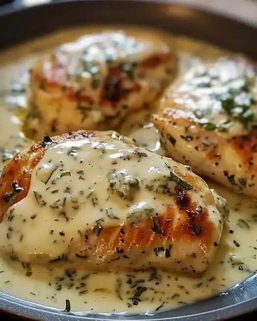 Delicious creamy mozzarella chicken topped with melted cheese and herbs