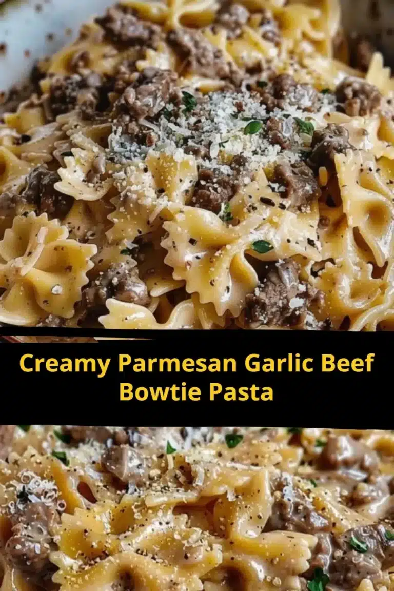 Creamy Parmesan garlic beef bowtie pasta served in a bowl