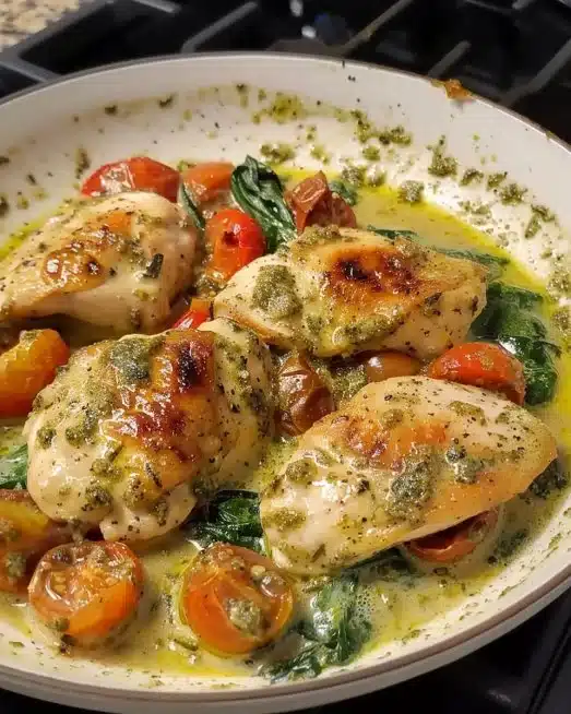 Creamy pesto chicken dish with roasted tomatoes and spinach, served on a plate