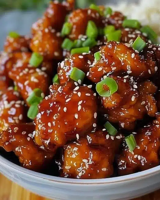 Crispy Chinese honey garlic chicken served with vegetables and sesame seeds
