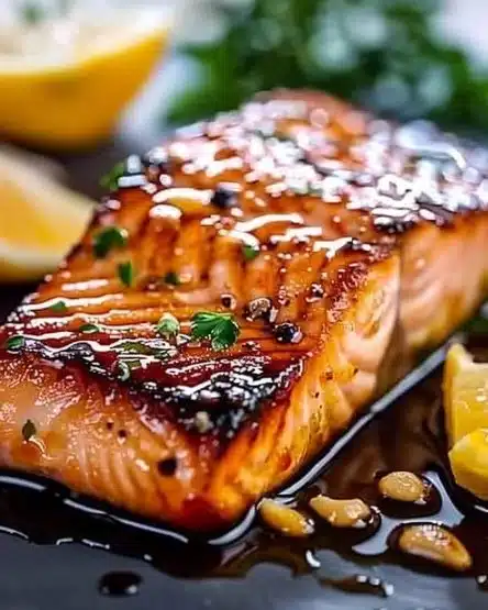 Crispy honey garlic glazed salmon on a white plate garnished with herbs