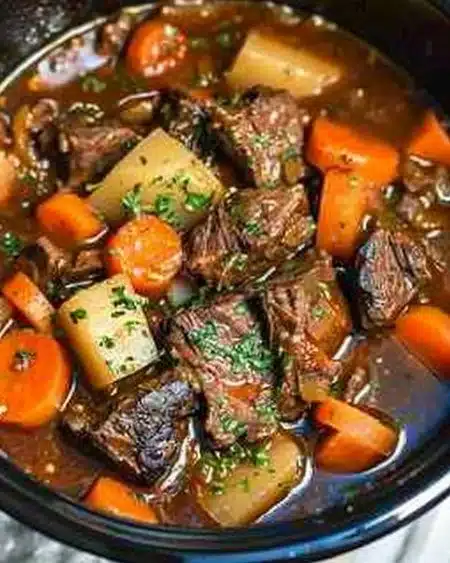 Crock Pot Beef Stew with tender beef and fresh vegetables in a savory broth