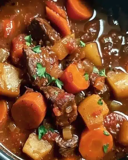 Crockpot beef stew with tender meat and vegetables in a savory broth.