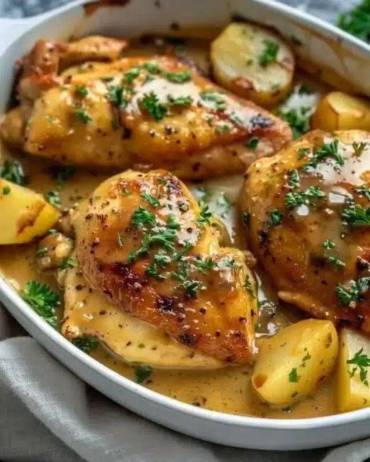 Plate of Dijon Chicken garnished with herbs and served with vegetables